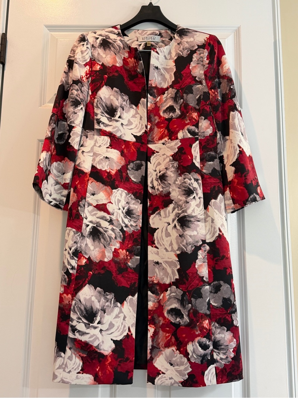 Kasper Red, Black & White Floral Open-Front Cape Coat